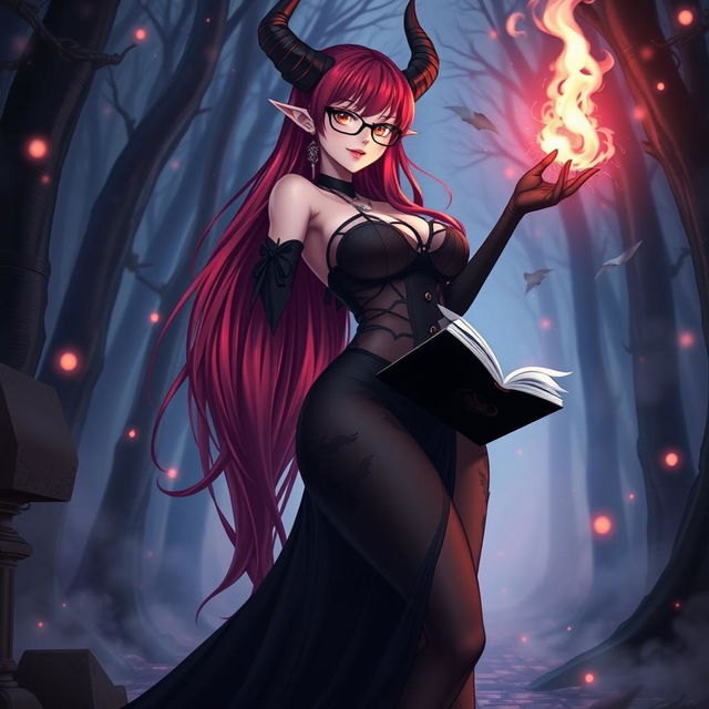 A sexy demonic anime girl witch with long, luxurious red hair flowing dramatically down her back and stylish glasses that accentuate her captivating features