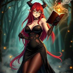 A sexy demonic anime girl witch with long, luxurious red hair flowing dramatically down her back and stylish glasses that accentuate her captivating features