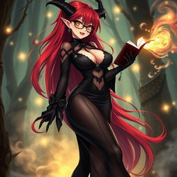 A sexy demonic anime girl witch with long, luxurious red hair flowing dramatically down her back and stylish glasses that accentuate her captivating features