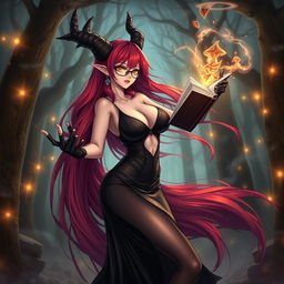 A sexy demonic anime girl witch with long, luxurious red hair flowing dramatically down her back and stylish glasses that accentuate her captivating features