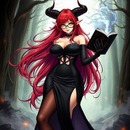 A sexy demonic anime girl witch with long, flowing red hair and stylish glasses that highlight her captivating features