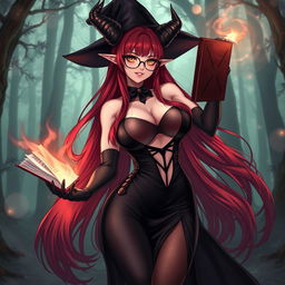 A sexy demonic anime girl witch with long, flowing red hair and stylish glasses that highlight her captivating features
