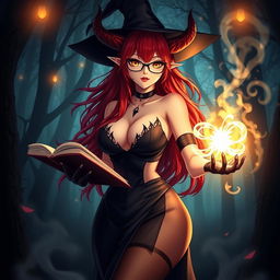 A sexy demonic anime girl witch with long, flowing red hair and stylish glasses that highlight her captivating features