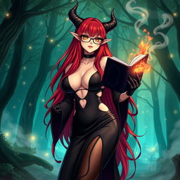 A sexy demonic anime girl witch with long, vibrant red hair cascading down her back, stylish glasses that enhance her striking features, and a voluptuous figure with big breasts