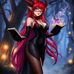 A sexy demonic anime girl witch with long, vibrant red hair cascading down her back, stylish glasses that enhance her striking features, and a voluptuous figure with big breasts