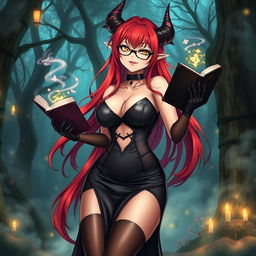 A sexy demonic anime girl witch with long, vibrant red hair cascading down her back, stylish glasses that enhance her striking features, and a voluptuous figure with big breasts