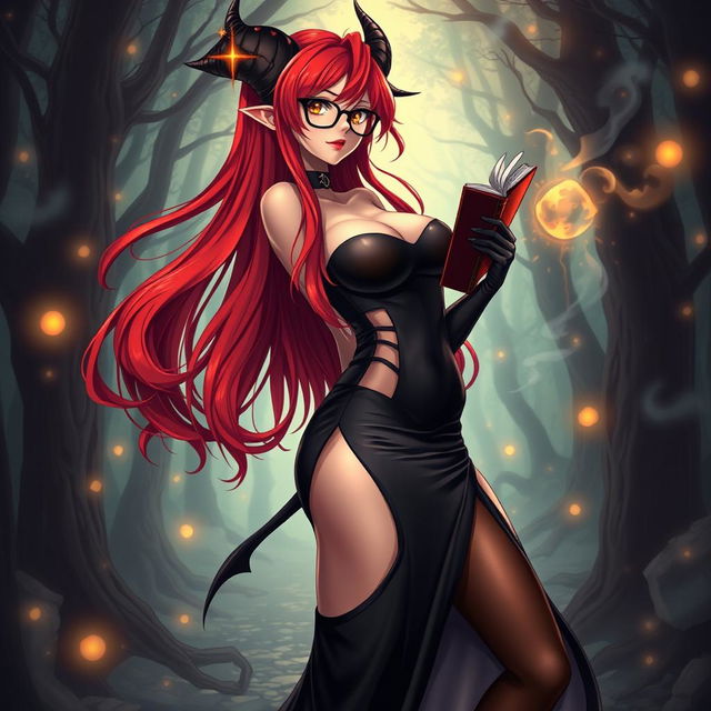 A sexy demonic anime girl witch with long, vibrant red hair cascading down her back, stylish glasses that enhance her striking features, and a voluptuous figure with big breasts