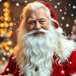 A jolly old man with a long, flowing white beard and hair reminiscent of Santa Claus