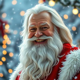 A jolly old man with a long, flowing white beard and hair reminiscent of Santa Claus