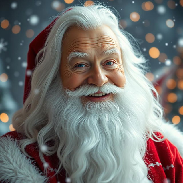 A jolly old man with a long, flowing white beard and hair reminiscent of Santa Claus