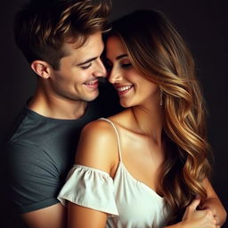 A couple intimately embracing each other, their faces close together as they share a tender moment