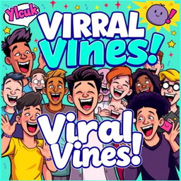 A vibrant and eye-catching thumbnail for a YouTube Vines channel, featuring a dynamic montage of humorous and entertaining moments