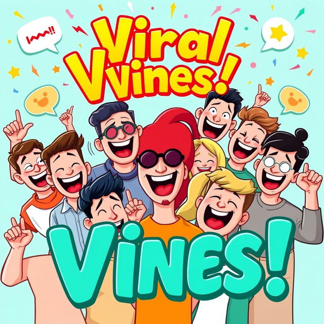 A vibrant and eye-catching thumbnail for a YouTube Vines channel, featuring a dynamic montage of humorous and entertaining moments