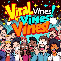 A vibrant and eye-catching thumbnail for a YouTube Vines channel, featuring a dynamic montage of humorous and entertaining moments