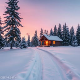A serene winter landscape on December 16th, featuring a blanket of fresh snow covering the ground and trees