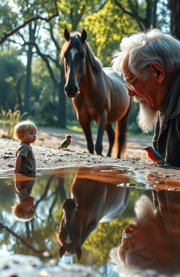 An elderly man gazes into a puddle, where he sees his reflection as a child, capturing the essence of his youth