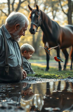 An elderly man gazes into a puddle, where he sees his reflection as a child, capturing the essence of his youth