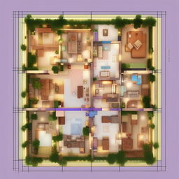 Create a blueprint for a 30x30 plot including 3 bedrooms, 2 bathrooms, a kitchen, washing area, and a small temple zone