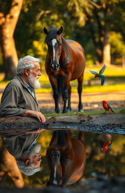 An elderly man gazes into a puddle, where he sees his reflection as a child, capturing the essence of his youth