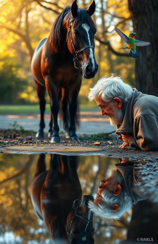 An elderly man gazes into a puddle, where he sees his reflection as a child, capturing the essence of his youth