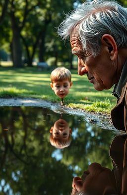 A poignant scene depicting an elderly man looking into a serene puddle of water