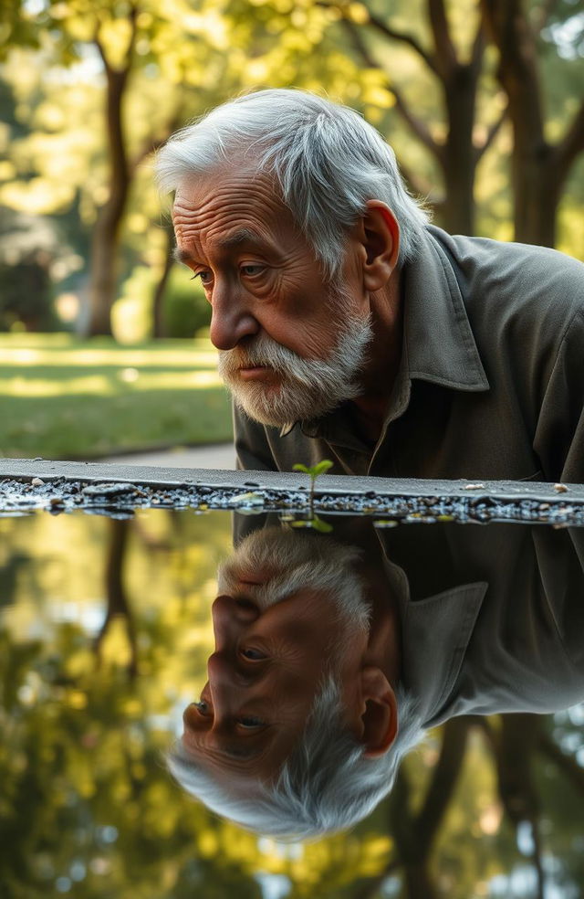 A poignant scene depicting an elderly man looking into a serene puddle of water