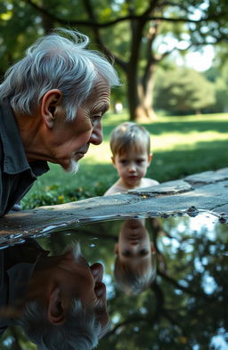 A poignant scene depicting an elderly man looking into a serene puddle of water