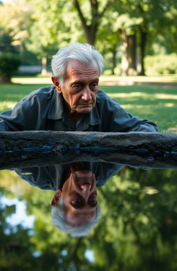 A poignant scene depicting an elderly man looking into a serene puddle of water