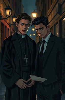 A captivating detective story featuring a young, handsome priest with chiseled features, wearing a classic black cassock, and a charming, equally young mafia member dressed in a tailored suit with a sharp tie