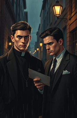 A captivating detective story featuring a young, handsome priest with chiseled features, wearing a classic black cassock, and a charming, equally young mafia member dressed in a tailored suit with a sharp tie