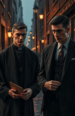 A captivating detective story featuring a young, handsome priest with chiseled features, wearing a classic black cassock, and a charming, equally young mafia member dressed in a tailored suit with a sharp tie