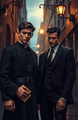 A captivating detective story featuring a young, handsome priest with chiseled features, wearing a classic black cassock, and a charming, equally young mafia member dressed in a tailored suit with a sharp tie