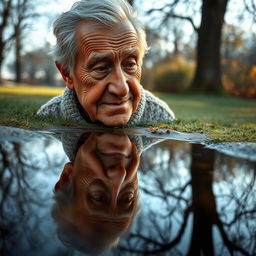 A touching scene of an elderly man gazing into a clear puddle of water