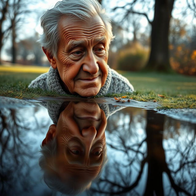 A touching scene of an elderly man gazing into a clear puddle of water