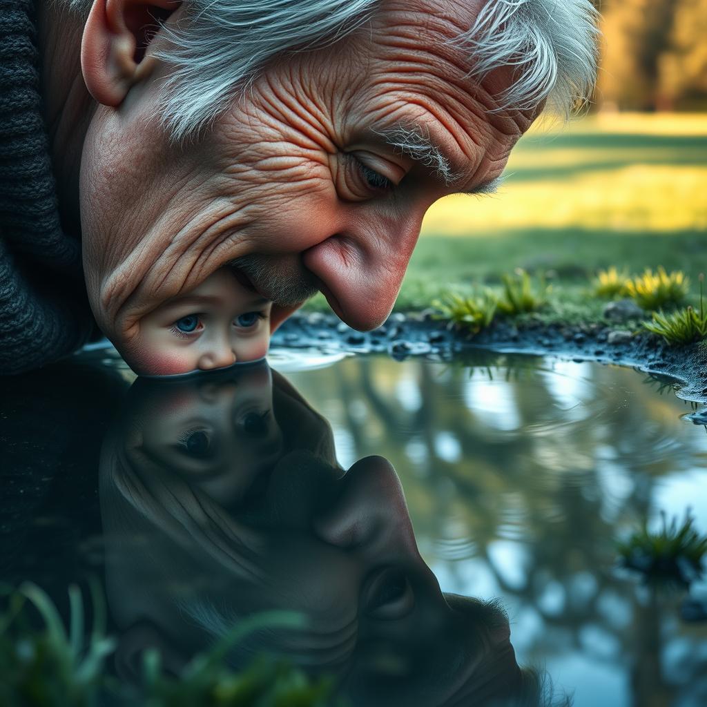 A touching scene of an elderly man gazing into a clear puddle of water