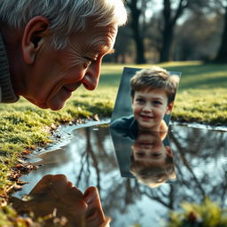 A touching scene of an elderly man gazing into a clear puddle of water