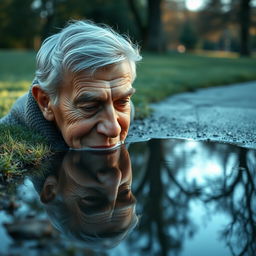 A touching scene of an elderly man gazing into a clear puddle of water