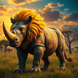 A hybrid creature that combines the majestic features of a lion and a rhinoceros