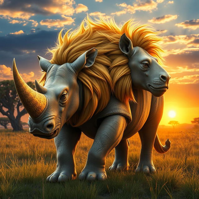 A hybrid creature that combines the majestic features of a lion and a rhinoceros