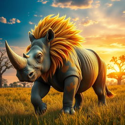 A hybrid creature that combines the majestic features of a lion and a rhinoceros