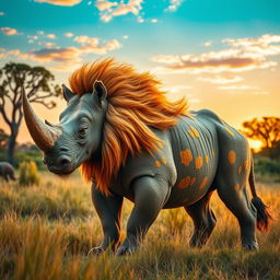 A hybrid creature that combines the majestic features of a lion and a rhinoceros