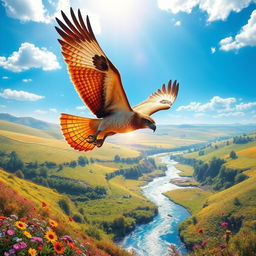 A vibrant and colorful fantasy scene featuring a majestic hawk soaring through a bright blue sky above a lush green landscape