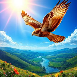 A vibrant and colorful fantasy scene featuring a majestic hawk soaring through a bright blue sky above a lush green landscape