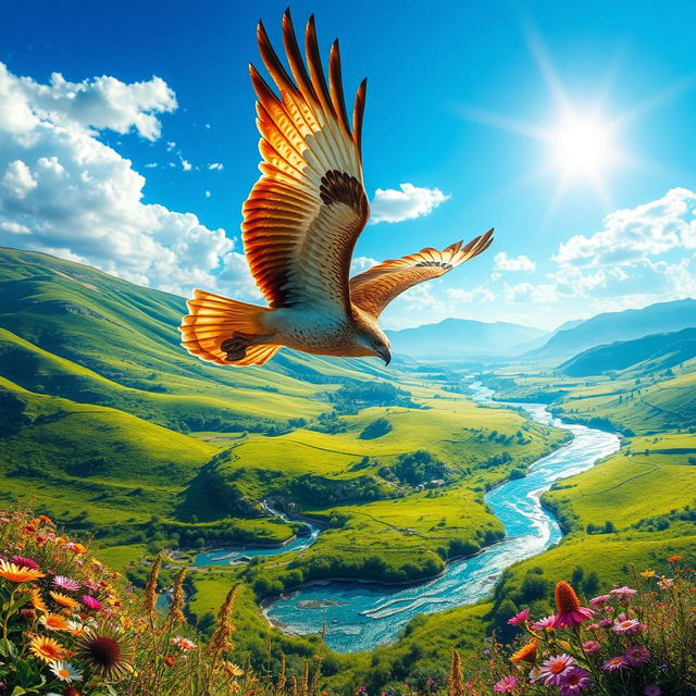 A vibrant and colorful fantasy scene featuring a majestic hawk soaring through a bright blue sky above a lush green landscape