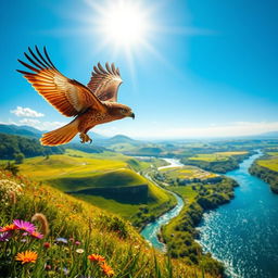 A vibrant and colorful fantasy scene featuring a majestic hawk soaring through a bright blue sky above a lush green landscape