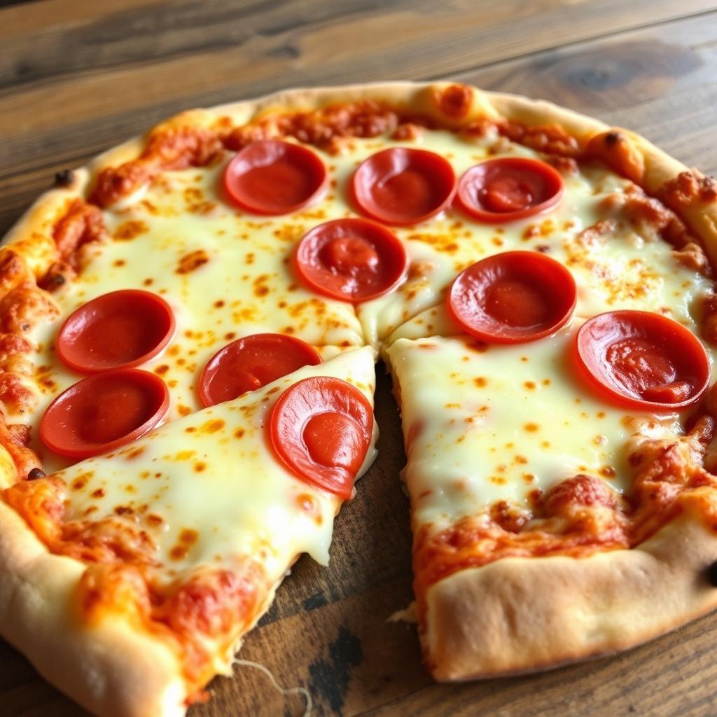 A delicious Italian pizza with a perfectly golden crust and a slice taken out, showcasing the gooey, stretchy mozzarella cheese that looks marvelous and pulls wonderfully