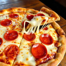 A delicious Italian pizza with a perfectly golden crust and a slice taken out, showcasing the gooey, stretchy mozzarella cheese that looks marvelous and pulls wonderfully