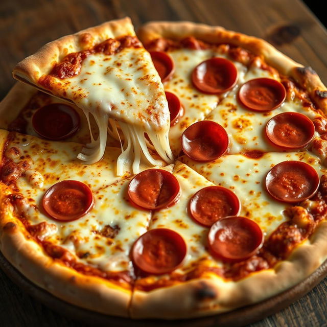 A delicious Italian pizza with a perfectly golden crust and a slice taken out, showcasing the gooey, stretchy mozzarella cheese that looks marvelous and pulls wonderfully