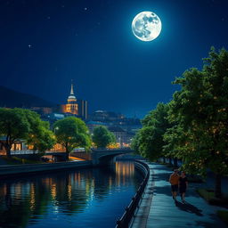 A breathtaking night scene showcasing a tranquil city skyline illuminated by numerous twinkling lights
