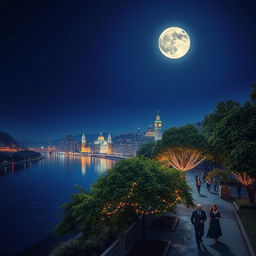 A breathtaking night scene showcasing a tranquil city skyline illuminated by numerous twinkling lights